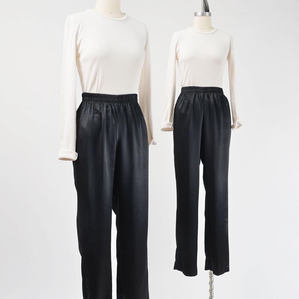 Vintage 90s Black Satin Pants Elastic Waist High Rise Tapered Leg Trousers M